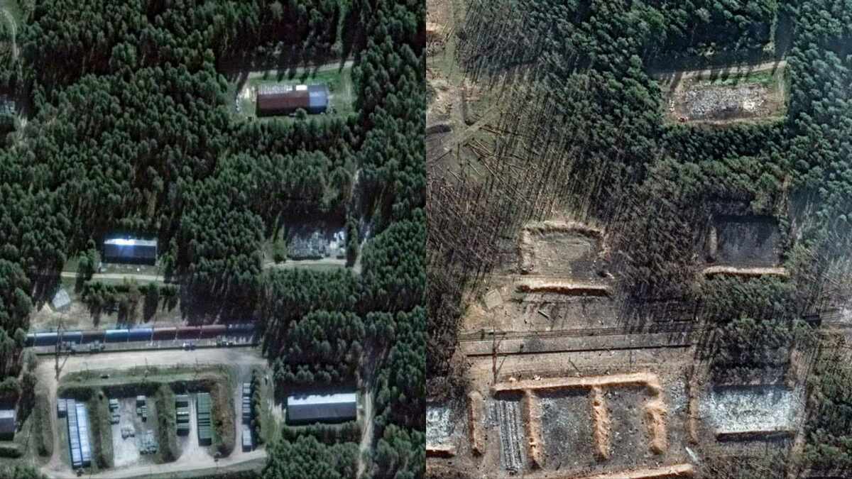 俄羅斯最近遭毀的特維爾地區第 23 GRAU 兵工廠前後對比圖。 圖:翻攝自X帳號@Maxar(新頭殼合成)