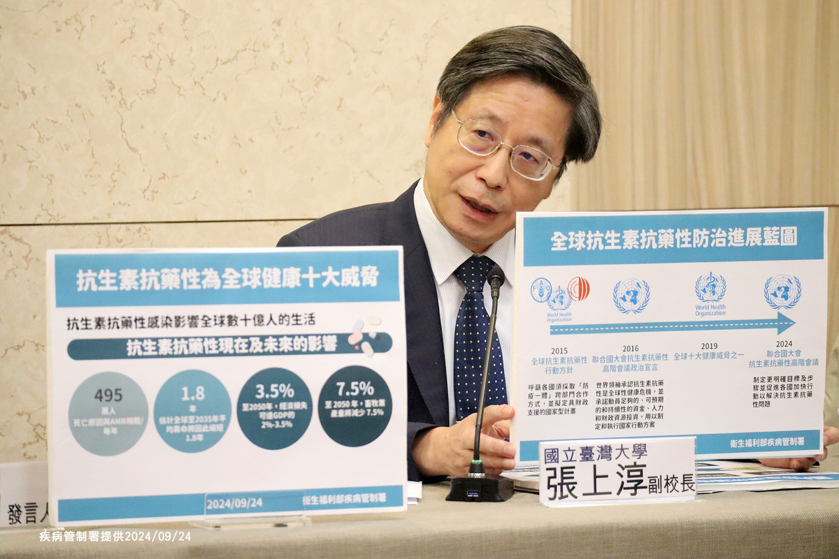 疾管署公布，行政院確認「國家級抗生素抗藥性管理行動計畫」，將於114年啟動，為期五年，首年預算2億元。國立台灣大學副校長張上淳今於記者會上解釋該計劃的重要性。 圖：疾管署／提供