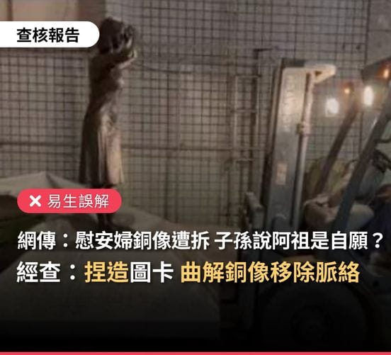 網傳「台灣最後一座慰安婦紀念銅像被移除」刻意抹除歷史。TFC台灣事實查核中心查核事件始末，得「捏造圖卡」、「曲解脈絡」結論。 圖：翻攝「臉書」TFC台灣事實查核中心粉絲專頁
