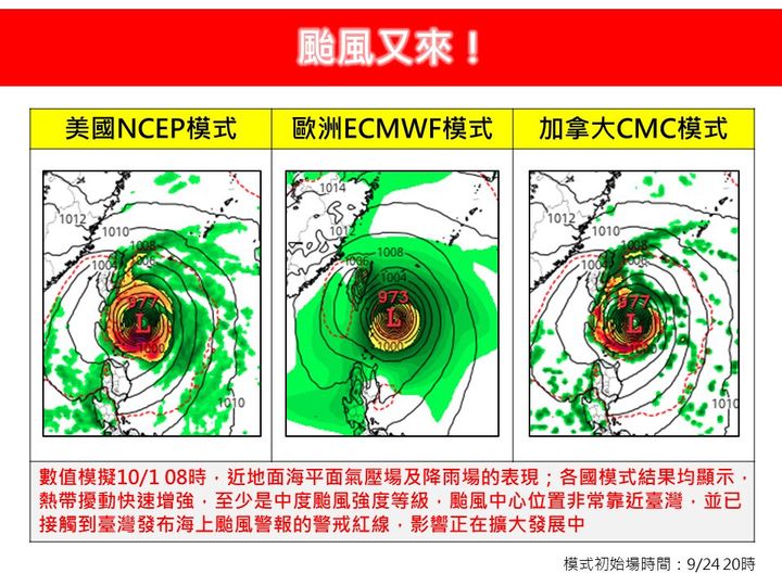 本週六前後，菲律賓東北方外海有熱帶擾動生成訊號，且在10月1日前後，颱風中心就會非常靠近台灣。 圖：翻攝自林老師氣象站臉書