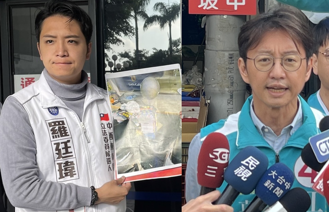 羅廷瑋（左）日在立法院程序委員會表決時未舉手，年初立委選舉敗給羅廷瑋的民進黨台中市議員江肇國（右）*０說，選前盧秀燕市長說謊大喊中央卡台中，一毛都不給。選後叫自己的子弟兵親自示範什麼叫一毛都不給台中。 圖：新頭殼/合成