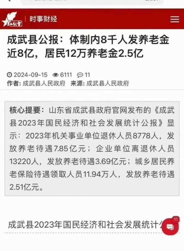 成武縣曾是山東省十大貧困縣之一，然而，目前機關事業單位退休人員的人均退休金竟是一般居民的近 43 倍。 圖:翻攝自X帳號@whyyoutouzhele