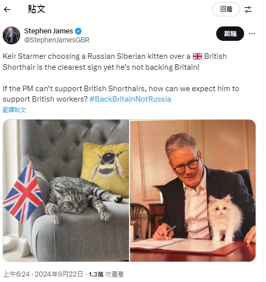 英國首相斯塔默因為養了一隻西伯利亞貓，遭保守黨議員候選人質疑是否支持俄羅斯。 圖：翻攝自 @StephenJamesGBR X 帳號