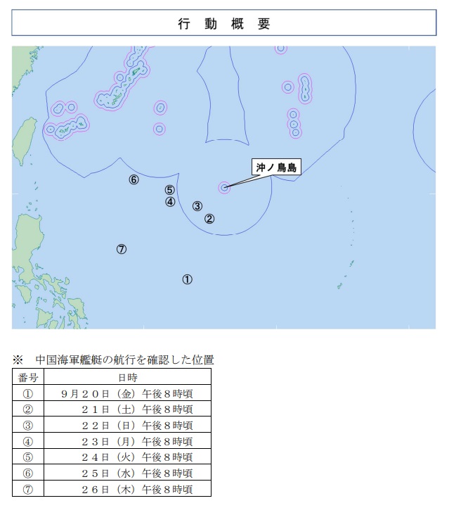 解放軍航空母艦「遼寧號(舷號16)」在西太平洋活動，日本防衛省監控，20至26日都在沖之鳥礁西側、西南側活動。 圖：翻攝mod.go.jp