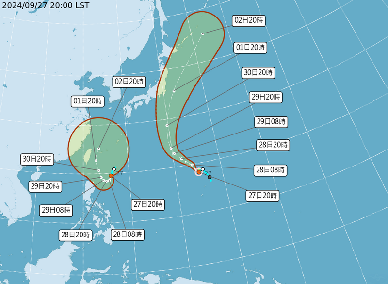熱帶性低氣壓TD21已增強為颱風「燕子」，台灣東側熱帶性低氣壓TD22今（28）天成增強為「山陀兒」颱風。 圖：擷取自中央氣象署官網