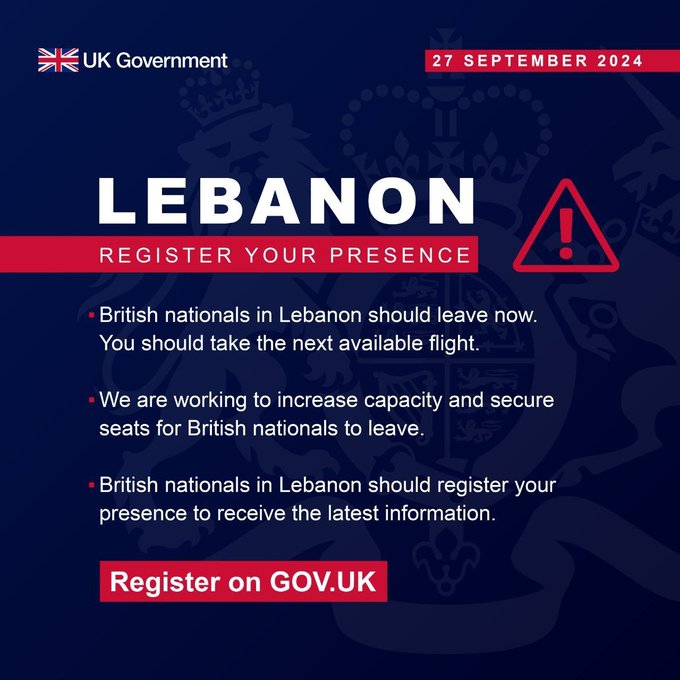 英國政府發布緊急公告，呼籲所有英國公民立即離開黎巴嫩。 圖：翻攝自X / Inty熱點新聞