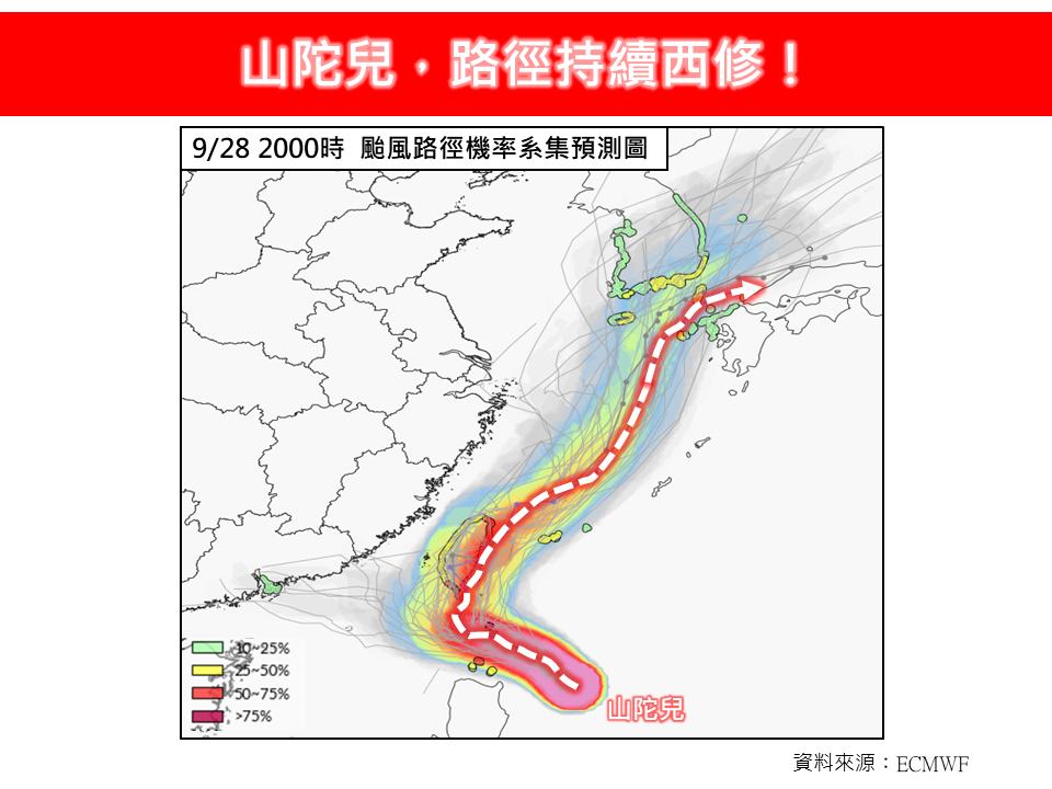 颱風「山陀兒」路徑持續西修。 圖/取自《林老師氣象站》臉書