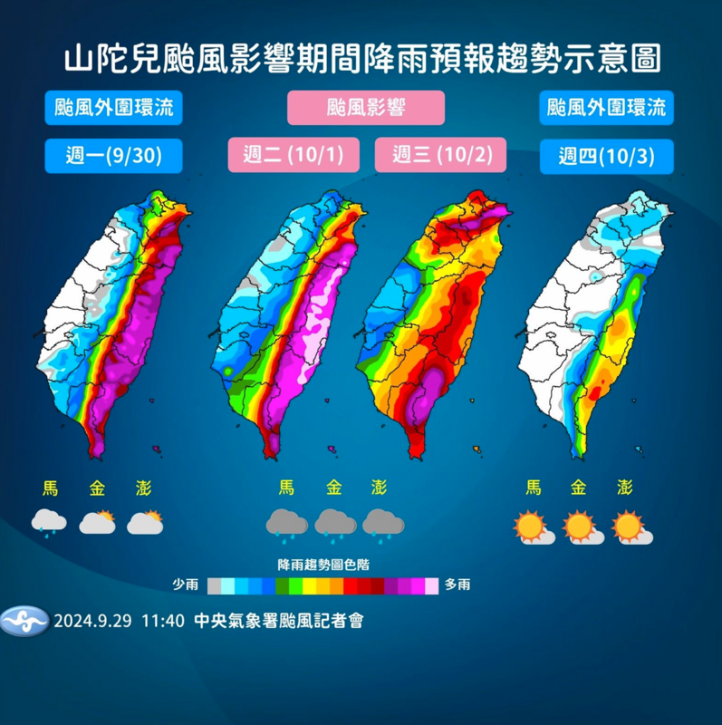 降雨趨勢。 圖：翻攝自中央氣象署臉書