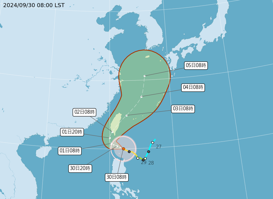 中度颱風山陀兒持續往台灣接近，目前已在鵝鑾鼻的南南東方約220公里處。 圖：翻攝自中央氣象署官網