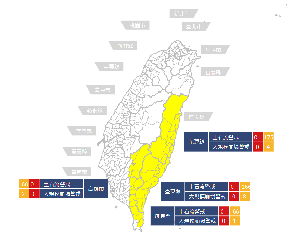 農業部發布土石流黃色警戒 475 條，分布於4 縣市40 鄉187村，包括花蓮縣、台東縣、高雄市、屏東縣。 圖：翻攝自農村水保署官網