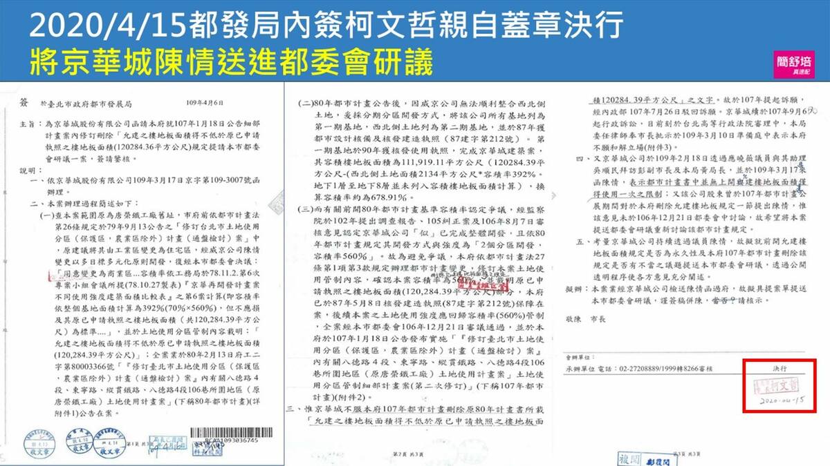 簡舒培表示，據報導，陳佩琪在2020年3月到4月14日在ATM存了157萬元，時間點就落在京華城關鍵的便當會後；而4月15日，柯文哲也在都發局將京華城案「提送本市都委會研議」的內簽蓋章決行，日期還是柯文哲自己簽的。 圖：取自簡舒培臉書