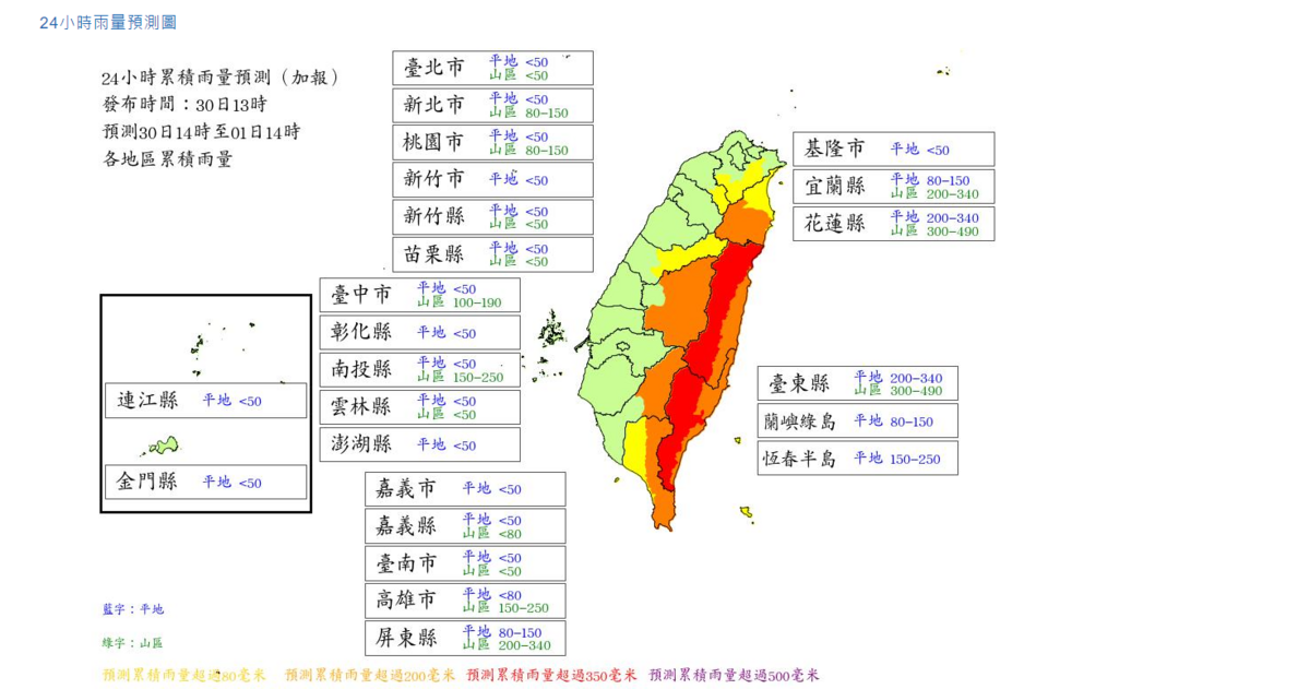 中央氣象署最新13時風雨預測。 圖：中央氣象署／提供