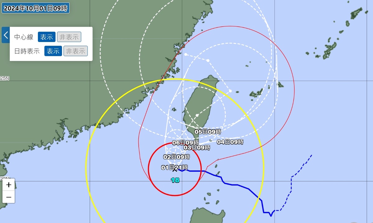 日本氣象廳預報資料顯示，山陀兒颱風將可能在台南高雄一帶登陸，且出海後仍可能在台灣東北部到北部海域迴轉。 圖：日本氣象廳