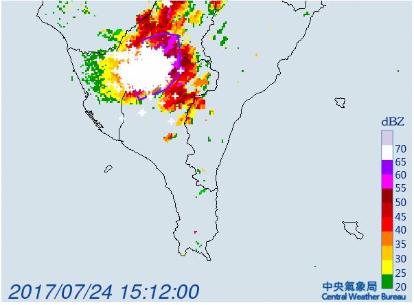 中央氣象局於今日(24) 15:19 針對「高雄市、屏東縣」發布大雷雨即時訊息，持續時間至 16:15 圖：中央氣象局