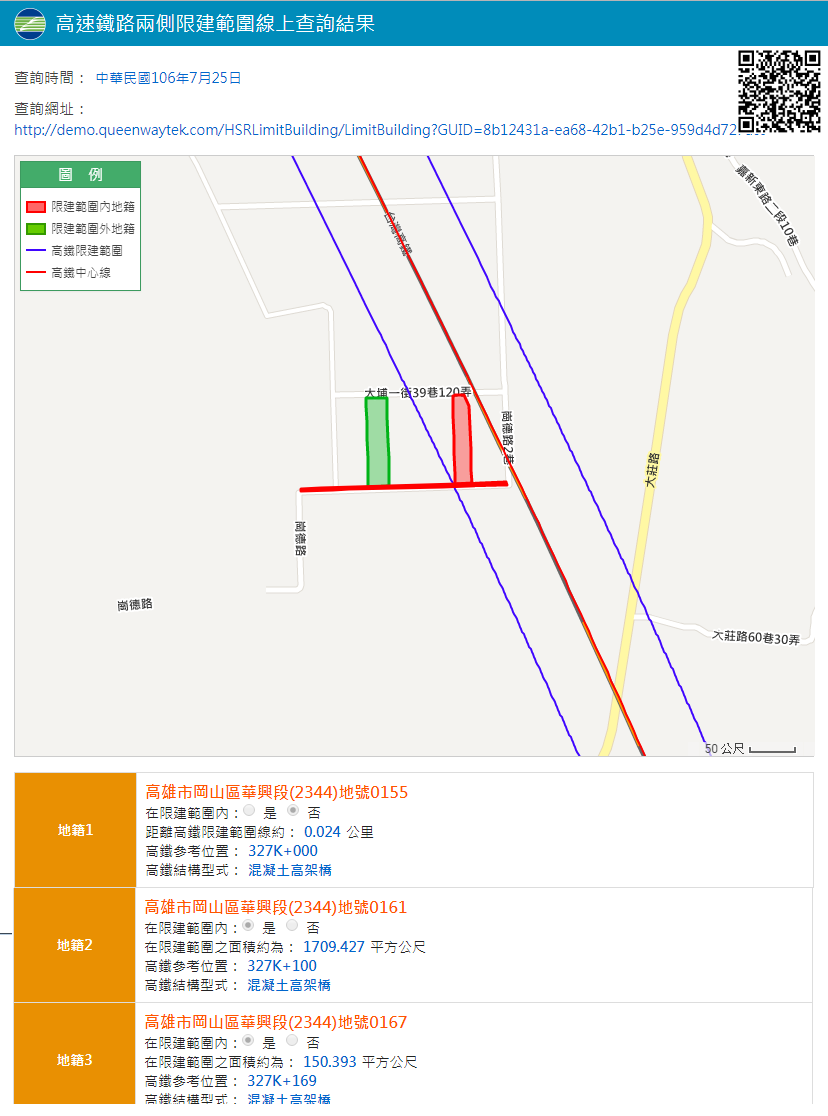 高鐵限建範圍安全管制系統於8月20日開始，提供民眾一次三筆地籍高鐵限建範圍查詢，查詢結果會顯示距離、位於限建範圍之面積 圖：高鐵局提供