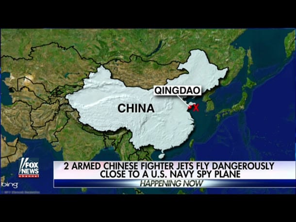 中美軍機在山東青島南方約148公里處再度逼近擦撞的危險邊緣，台灣處於強權爭霸的交會點，必須找出能「遠交近攻」的應對之策。    圖：翻攝自福斯新聞網foxnews.com