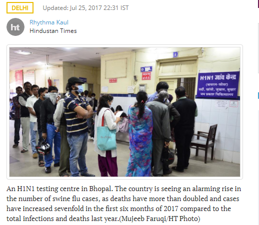 印度甲型流感H1N1疫情嚴重，2017年前6個月的病例，比去年的總感染和死亡人數增加了7倍，民眾排隊就醫。 圖：翻攝《印度斯坦時報》/Mujeeb Faruqi