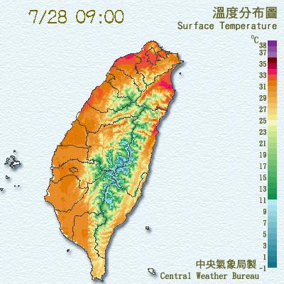 今(28)日大台北及桃園地區將有36度高溫，並預計有37度以上高溫發生的機率。 圖：中央氣象局