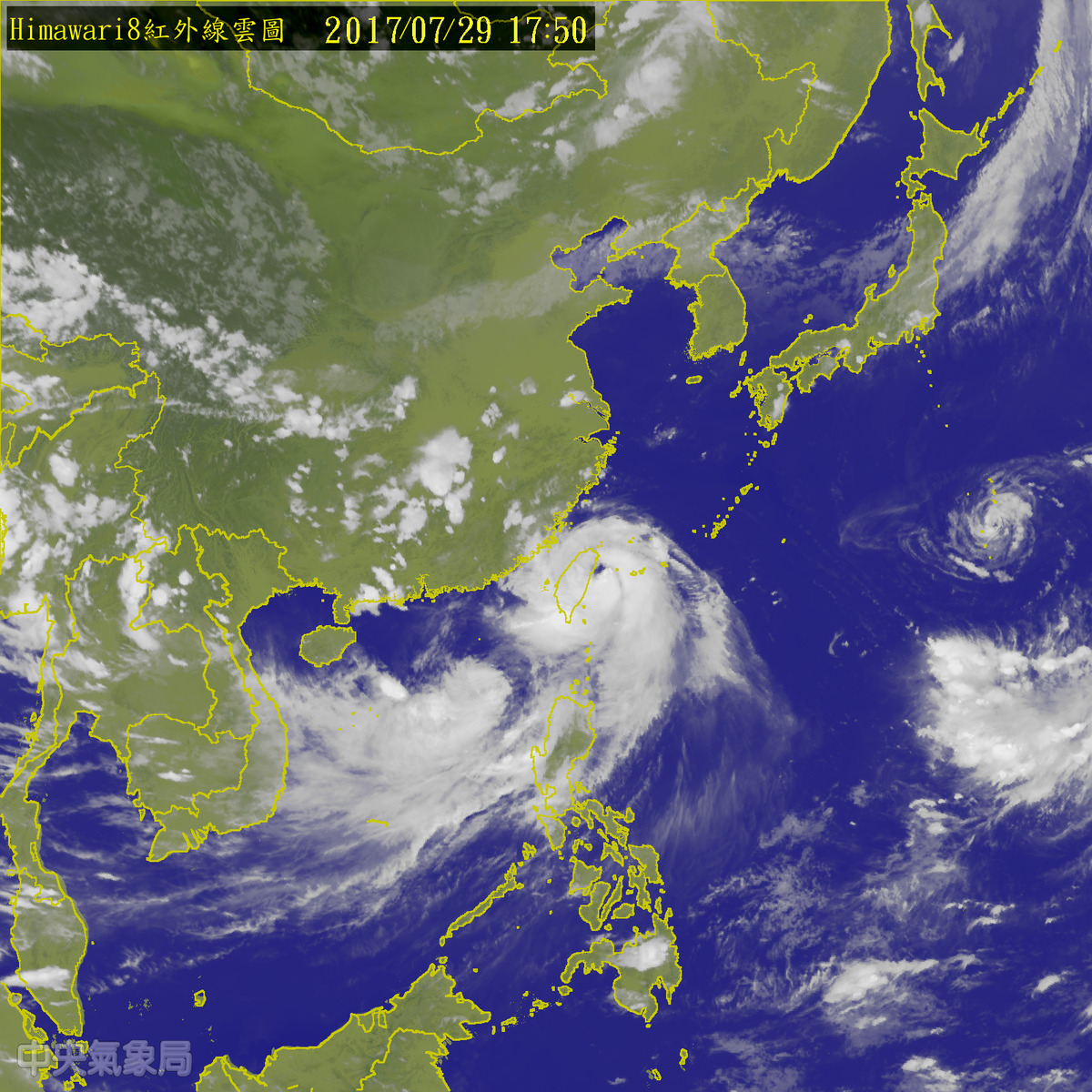 尼莎颱風帶來不少強風豪雨，對台灣各地構成威脅，今日17時左右，海棠颱風在東沙島形成，最快30日海棠颱風就會影響南台灣，有可能會出現雙颱影響台灣的現象。 圖：中央氣象局