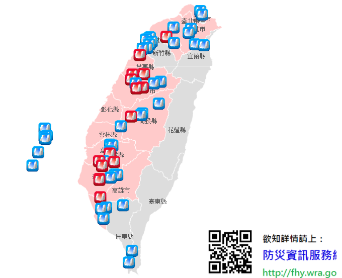 全台放水中水庫共有16座，包含石門水庫、直潭壩、明德水庫、鯉魚潭水庫、石岡壩、天輪壩、馬鞍壩、士林堰、集集攔河堰、白河水庫、德元埤、烏山頭水庫、曾文水庫、虎頭埤、鹽水埤、阿公店水庫。 圖：經濟部水利署