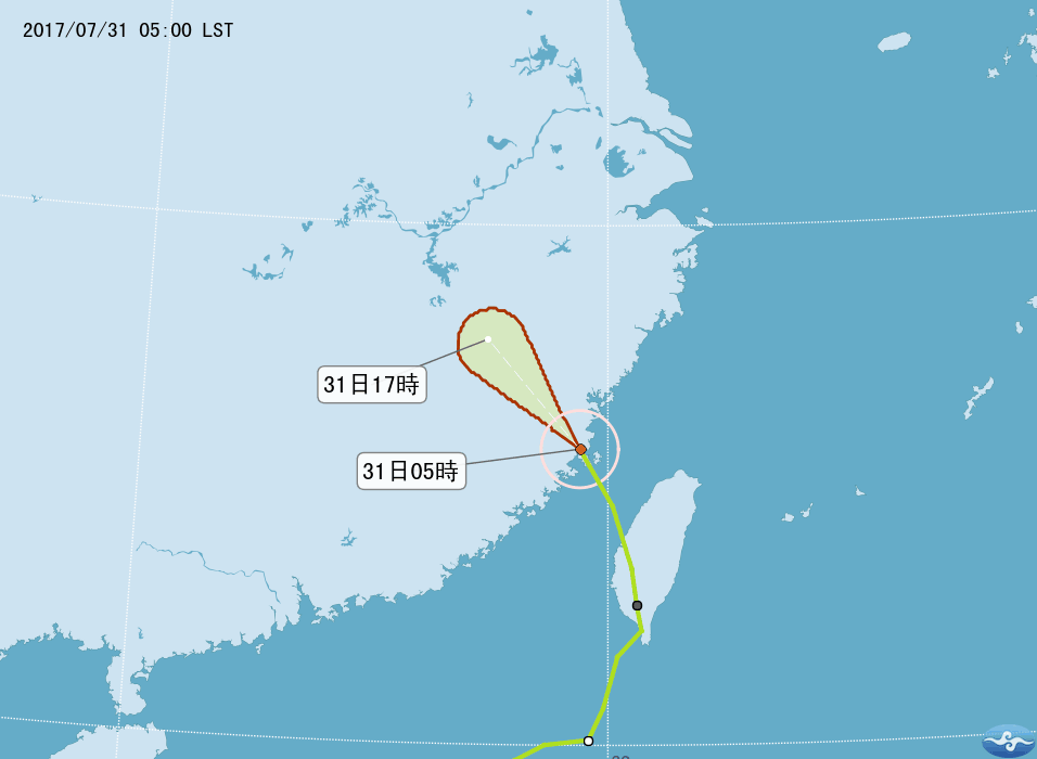 海棠颱風中心已經在31日凌晨0:30在彰化芳苑出海，目前速度加快並有減弱為熱帶低氣壓的趨勢。 圖:翻攝自中央氣象局官網。