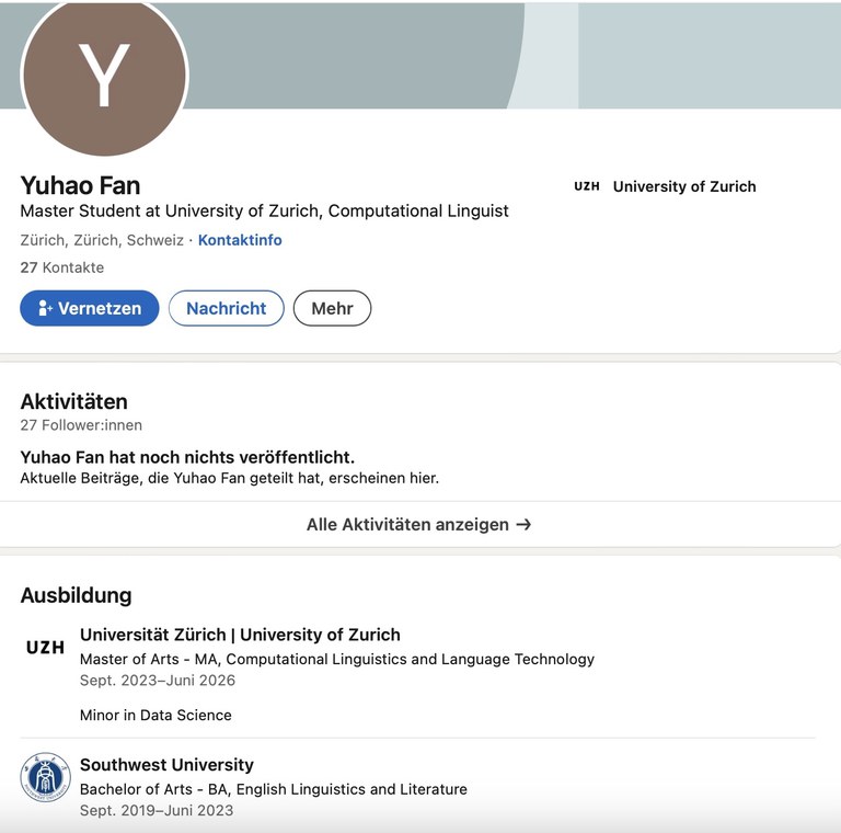 瑞士襲擊幼童案嫌犯范宇豪在LinkedIn上的履歷顯示，他曾在中國重慶的西南大學就讀。 圖：翻攝LinkedIn