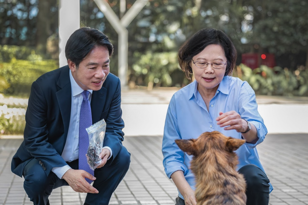 前總統蔡英文赴官邸拜會總統賴清德，並與賴的愛犬互動。 圖：總統府提供
