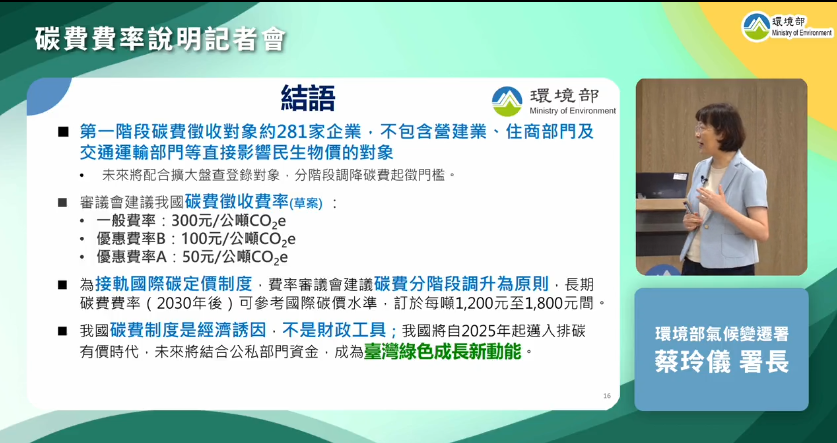 企業選擇最高標準的自主減量計畫，優惠費率A（行業別指定削減率）每公噸為50元，優惠費率B（技術標竿指定削減率）則為每公噸100元。 圖：翻攝自環境部臉書