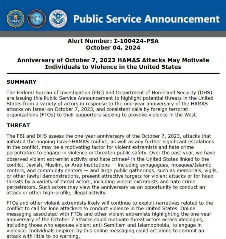 美國聯邦調查局 ( FBI ) 與國土安全部 ( DHS ) 於今日聯合發布緊急公共通告，提醒國內可能面臨潛在的恐怖主義威脅 圖片來源: X 帳號 @DXDWX999