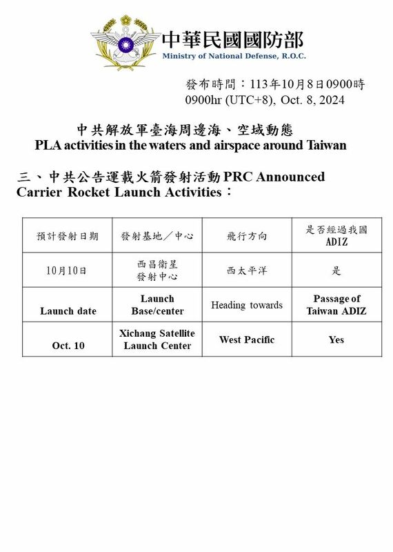 國防部預告，10月10日中華民國國慶時，中共將於西昌衛星發射中心發射運載火箭，並經過我國ADIZ（防空識別區）。 圖：國防部提供