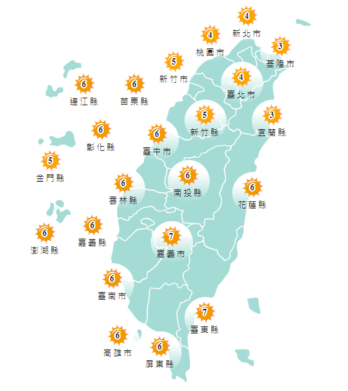 氣象署發布各地紫外線指數預報概況。 圖：氣象署提供