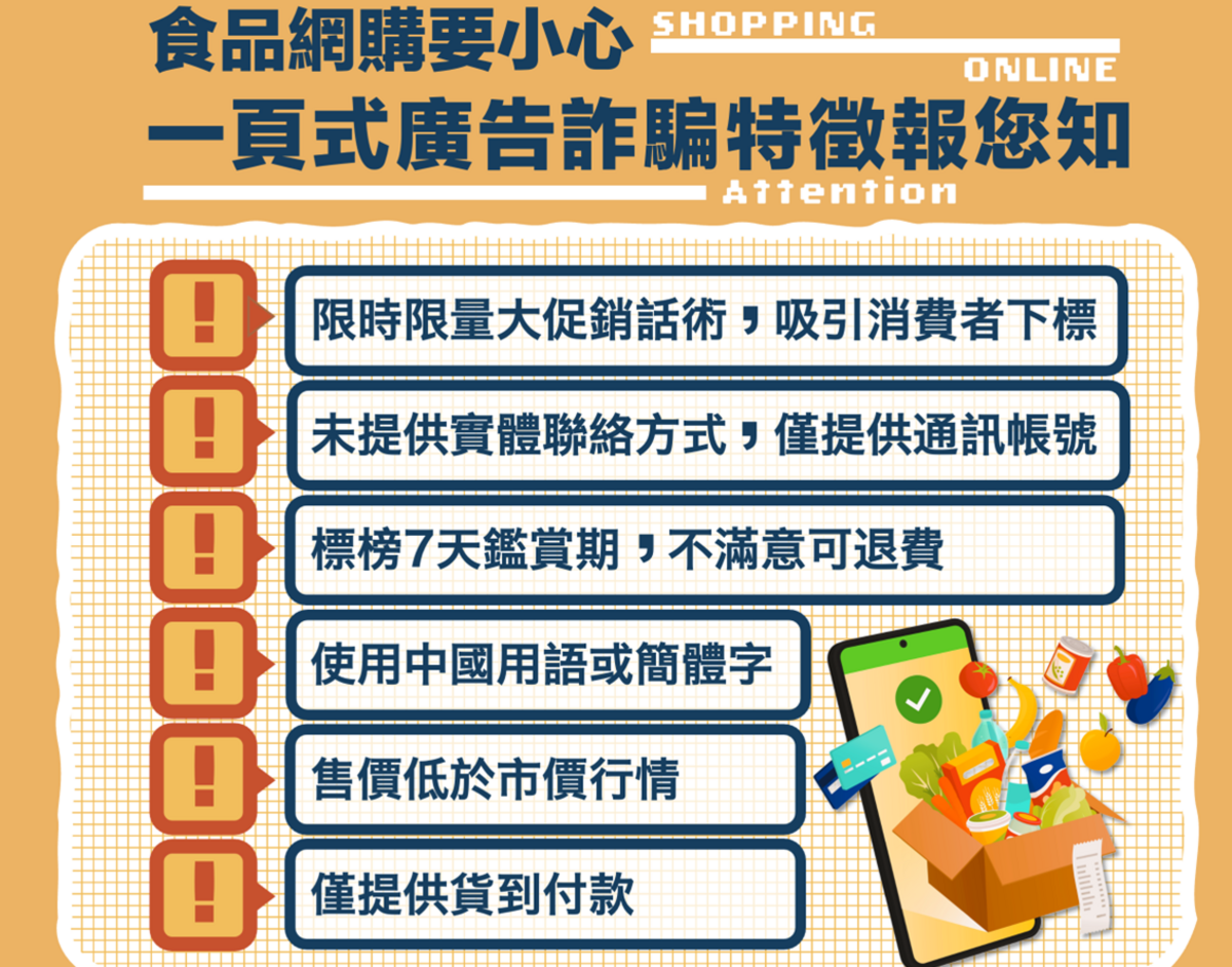 高市府提醒「一頁式詐騙廣告」常見7大特徵。 圖：高雄市衛生局提供