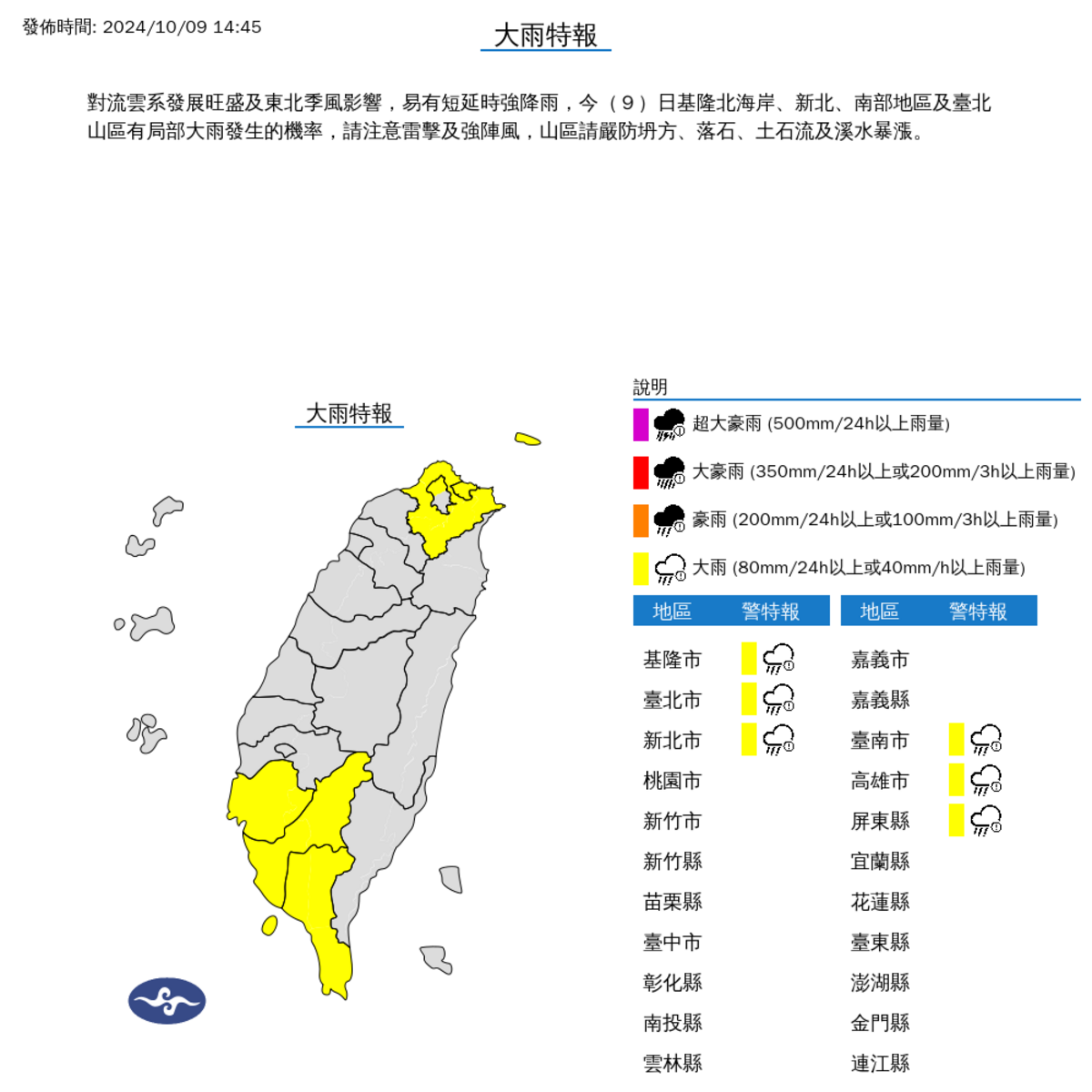 受東北季風影響，基隆北海岸、台北市山區、新北市、台南市、高雄市、屏東縣、恆春半島今有大雨機率。 圖：氣象署 / 提供