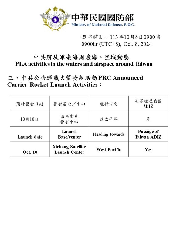 國防部8日預告，國慶日當天，中國西昌衛星發射中心將向西太平洋方向發射火箭，會經過台灣防空識別區(ADIZ)上空。 圖：翻攝mnd.gov.tw