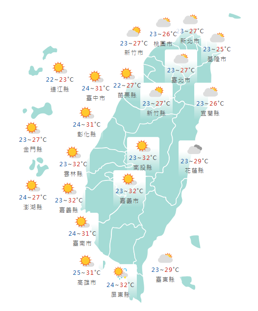 氣象署發布各地天氣預報概況。 圖：中央氣象署提供