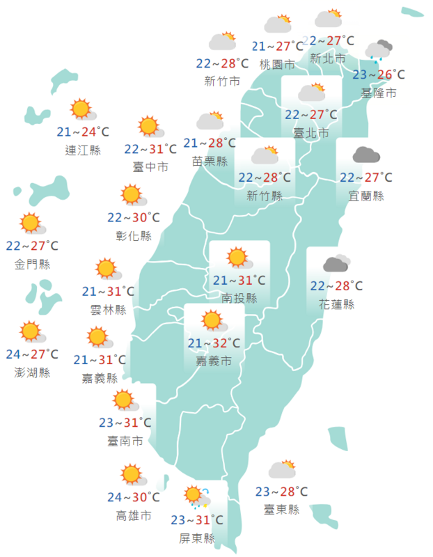 氣象署發布各地天氣預報概況。 圖：中央氣象署提供