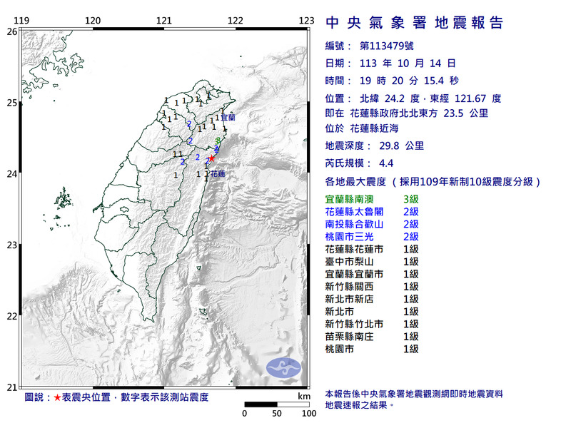 花蓮縣近海今（14）天傍晚7點20分也發生芮氏規模4.4有感地震。 圖：氣象署提供