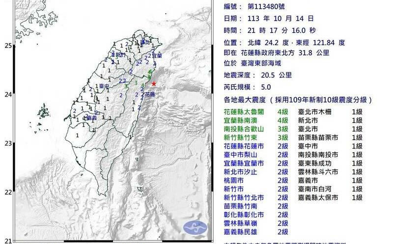 晚間連2震！2小時內發生規模4.4、5.0地震 最大震度4級12縣市有感