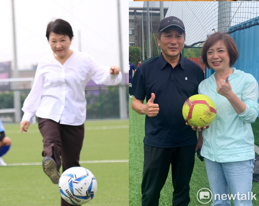 盧秀燕（左）說擔任市長後，誓言要讓足球運動在台中遍地開花。 何欣純（右）則說「落成啟用也要分享成果給過去曾關心建設的人，一起驗收並參與好的結果，盼望台中建設不能停，呼籲台中其他立委共同支持明年中央政府總預算排案進入立院議程。」 圖：新頭殼合成