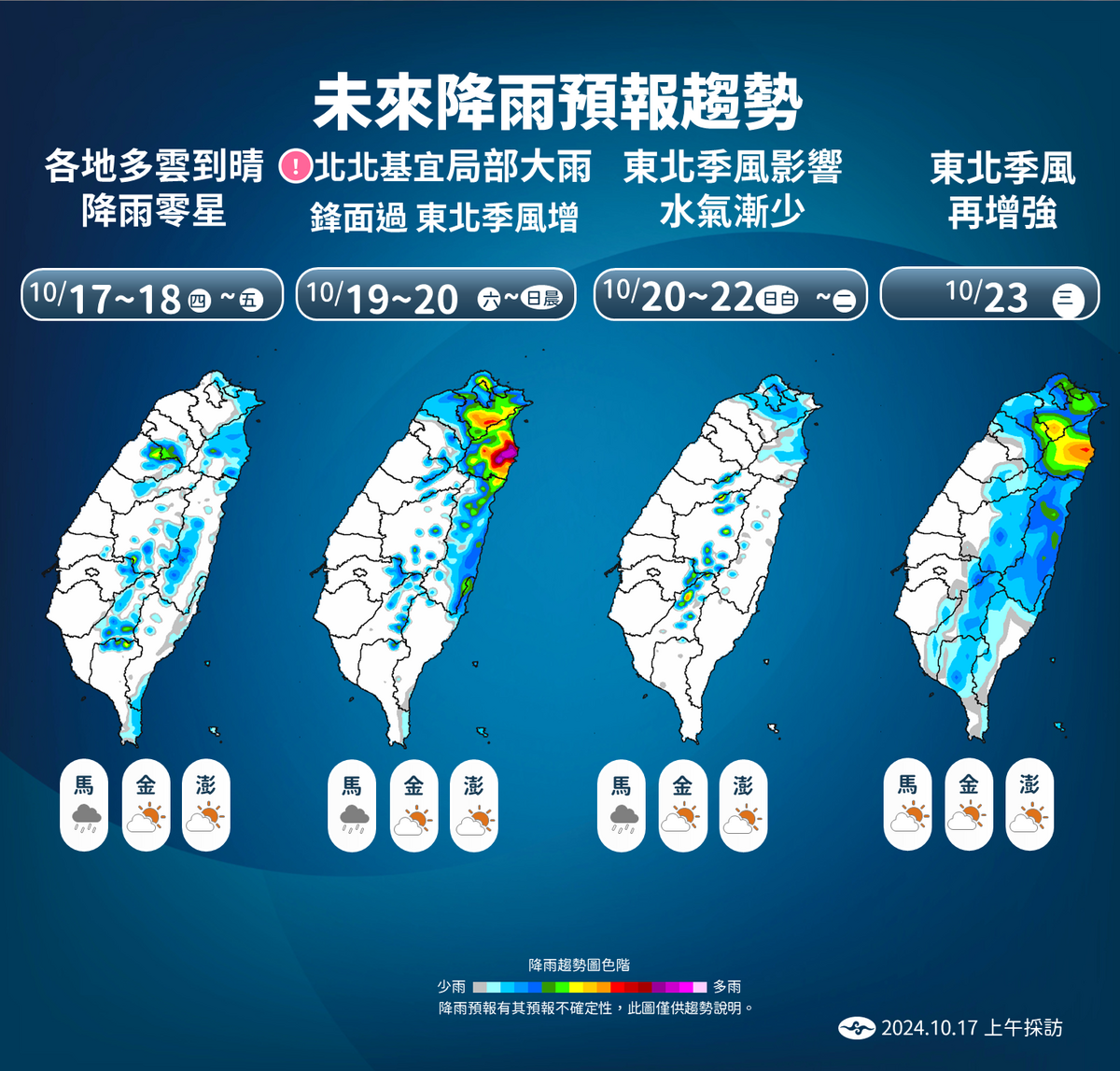 未來一周降雨機率圖。 圖：中央氣象署／提供