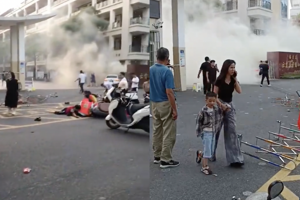 校門口出現爆炸後，民眾急疏散，紛紛牽著孩童迅速撤離。 圖 來源：Ｘ@woyongdehuawei