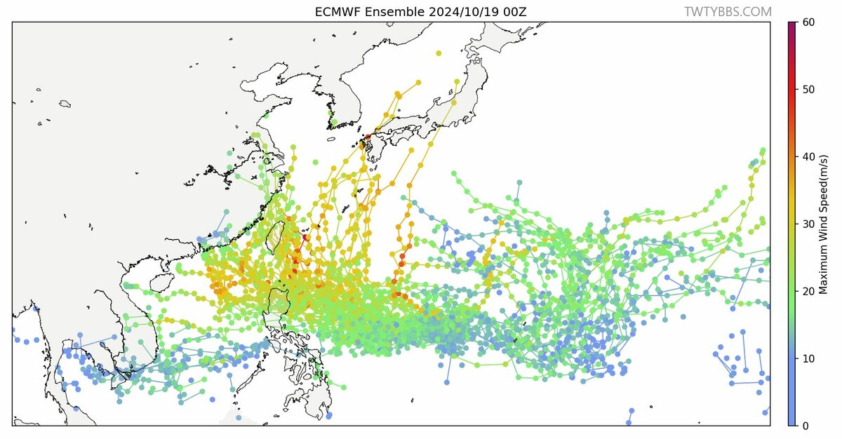 氣象粉專臉書分享最新歐洲數值模式系集預報，表示「台灣上空路線多了很多條」，提醒民眾多注意颱風動態。 圖片來源:「台灣颱風論壇｜天氣特急」臉書