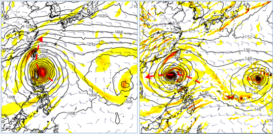 最新(19日20時)歐洲(ECMWF)模式25日20時模擬圖顯示、擾動前進至呂宋島東北角，未來轉向台灣東部近海，闖進警報區(左圖)。美國(GFS)模式25日20時模擬圖則為、已通過呂宋島北部，未來向南海前進(右圖)。 圖:氣象應用推廣基金會洩天機教室