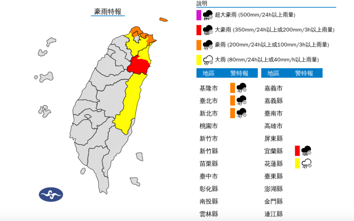 中央氣象署表示，東北季風影響，今(20)日宜蘭縣山區有局部豪雨或大豪雨，基隆北海岸及台北市山區有局部大雨或豪雨 圖：翻攝自中央氣象署官網