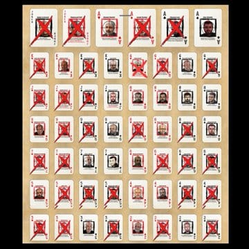 以色列公布的 54 名哈瑪斯幹部撲克牌通緝令，其中 31 人已經確認死亡，有網友認為剩下的 23 人可能也已經死在各種爆炸之中，只是沒有進行進一步確認而已。 圖：翻攝自 @Israelwaronhama X 帳號