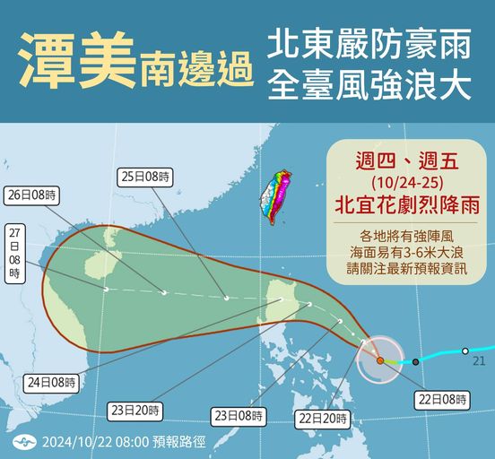 央氣象署表示，颱風在往西移動的過程，路徑還有北偏或南偏的空間，且受到東北季風的影響，將為迎風面帶來顯著豪雨。 圖：翻攝自中央氣象署臉書