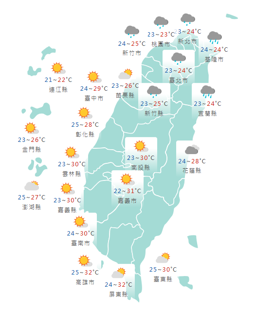氣象署表示，今（23）天東北季風持續增強，北部及東北部迎風面地區會有間歇性降雨。 圖：氣象署提供