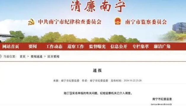 廣西省南寧市一名男子實名舉報區長「強佔人妻」後，姓名被調查單位直接公布在網上，引發大量網友討論。 圖：翻攝自 南寧市紀委監委官方網頁