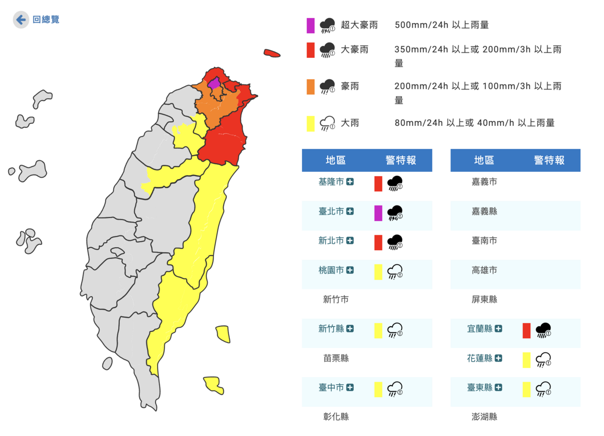北部地區受颱風外圍環流、東北季風共伴影響，部分地區將降下豪大雨，基北北宣布，明天照常上班上課。 圖：中央氣象署