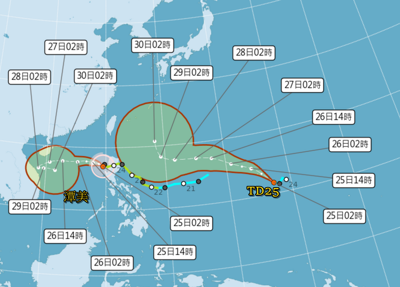 輕度颱風潭美凌晨2點中心位於鵝鑾鼻南南西方570公里之海面上，以偏西的方向進行。 圖：氣象署提供